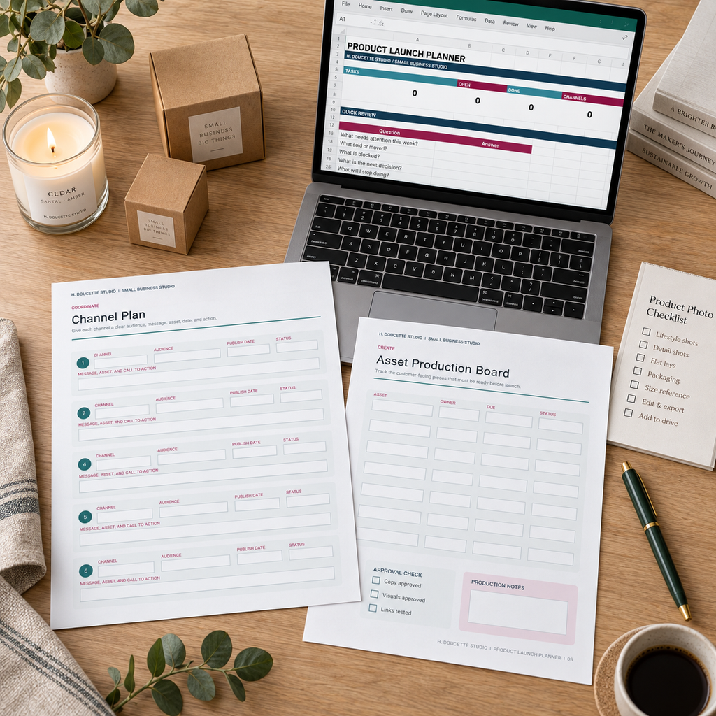 Product Launch Planner PDF pages and Excel dashboard arranged for launch planning