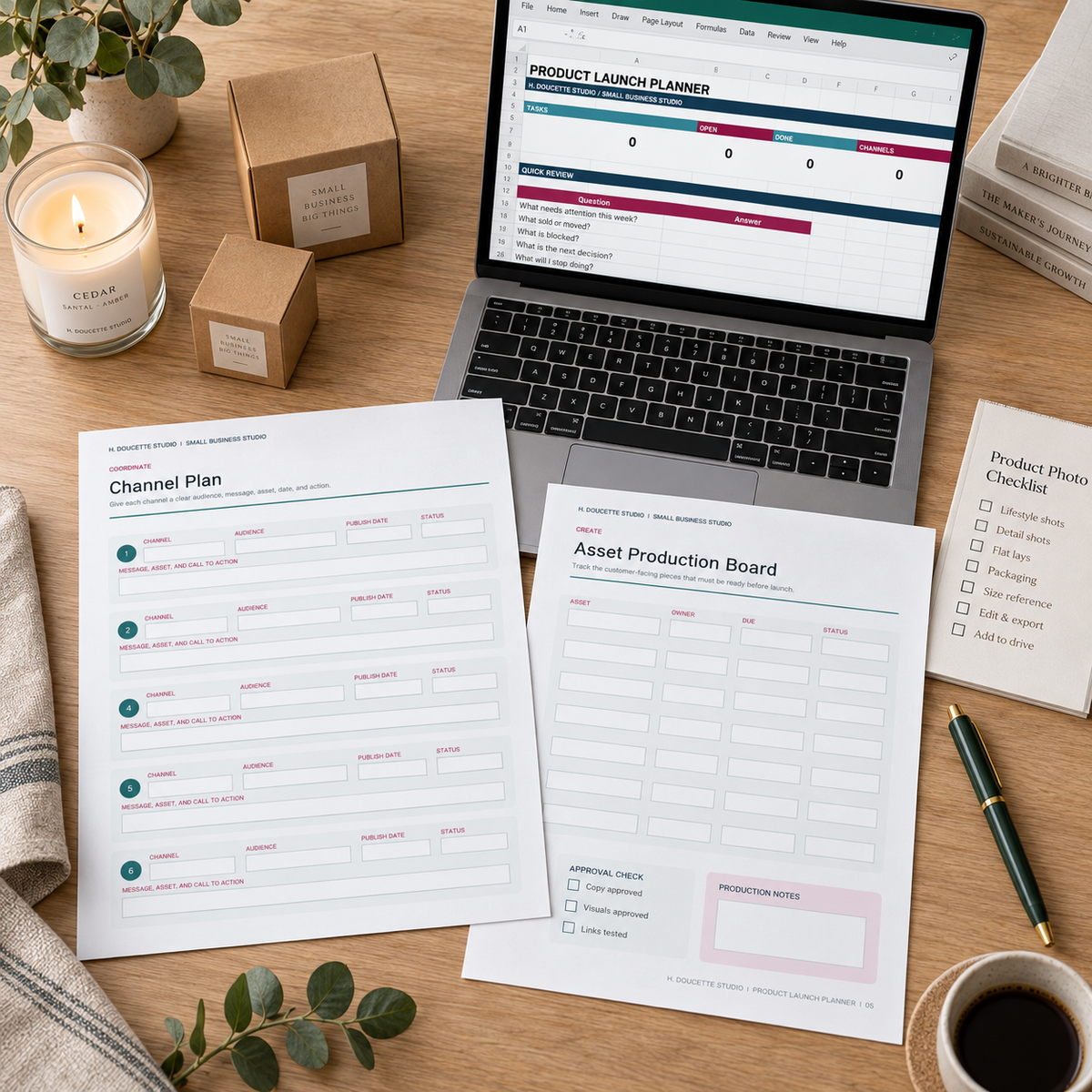 Product Launch Planner PDF pages and Excel dashboard arranged for launch planning