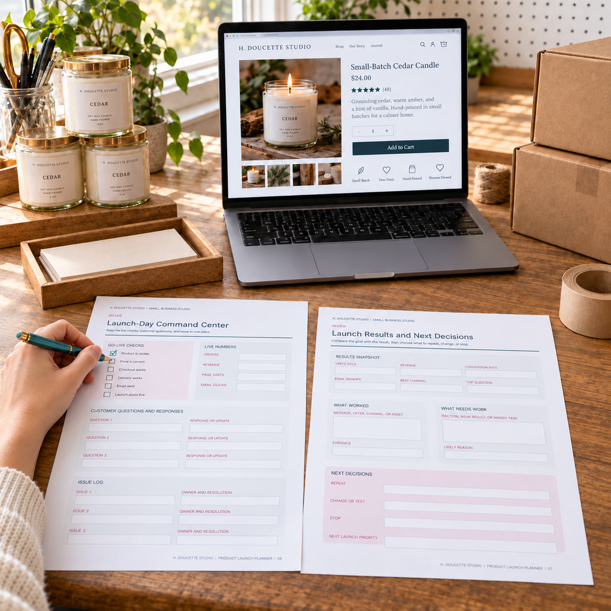 Small business owner checking the Product Launch Planner launch-day command center beside a candle shop website and product display.