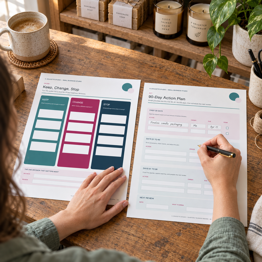 Small business owner using the Keep, Change, Stop review and 90-day action plan