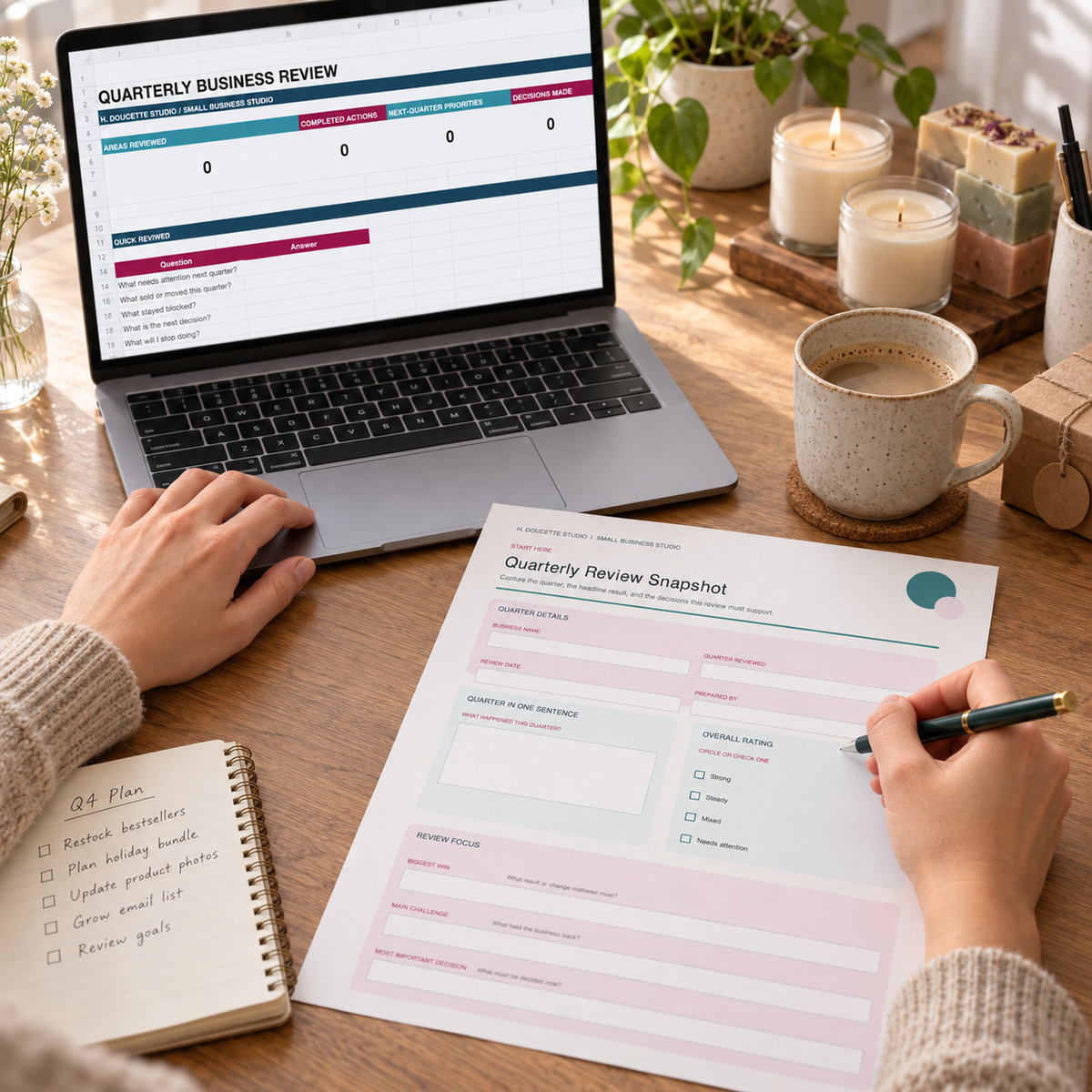 Small business owner using the Quarterly Review printable and Excel dashboard