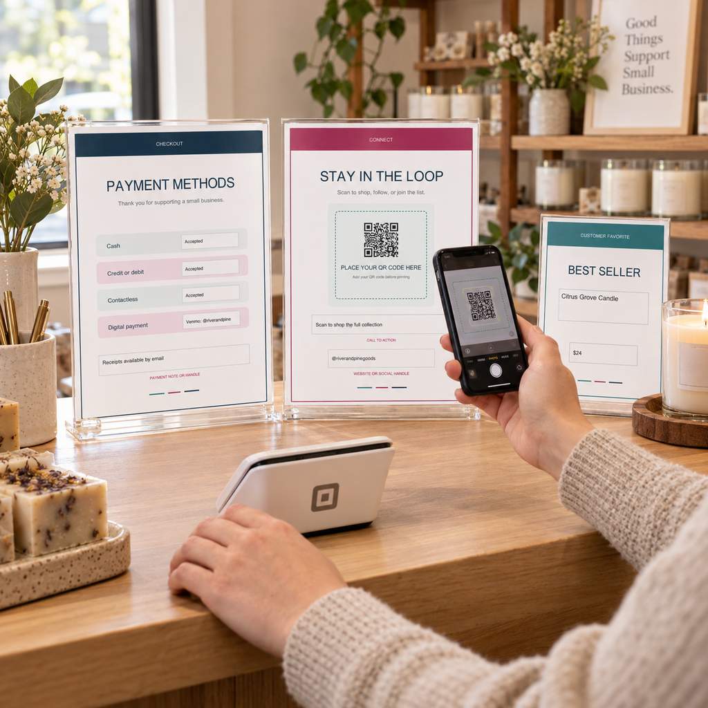 Customer using the payment, QR code, and best seller signs at a small business checkout counter