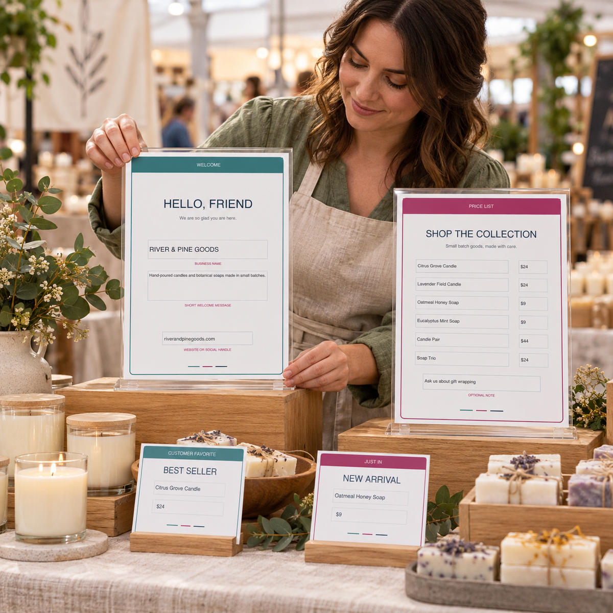 Small business owner displaying the fillable welcome, price list, and tabletop signs at a handmade market booth