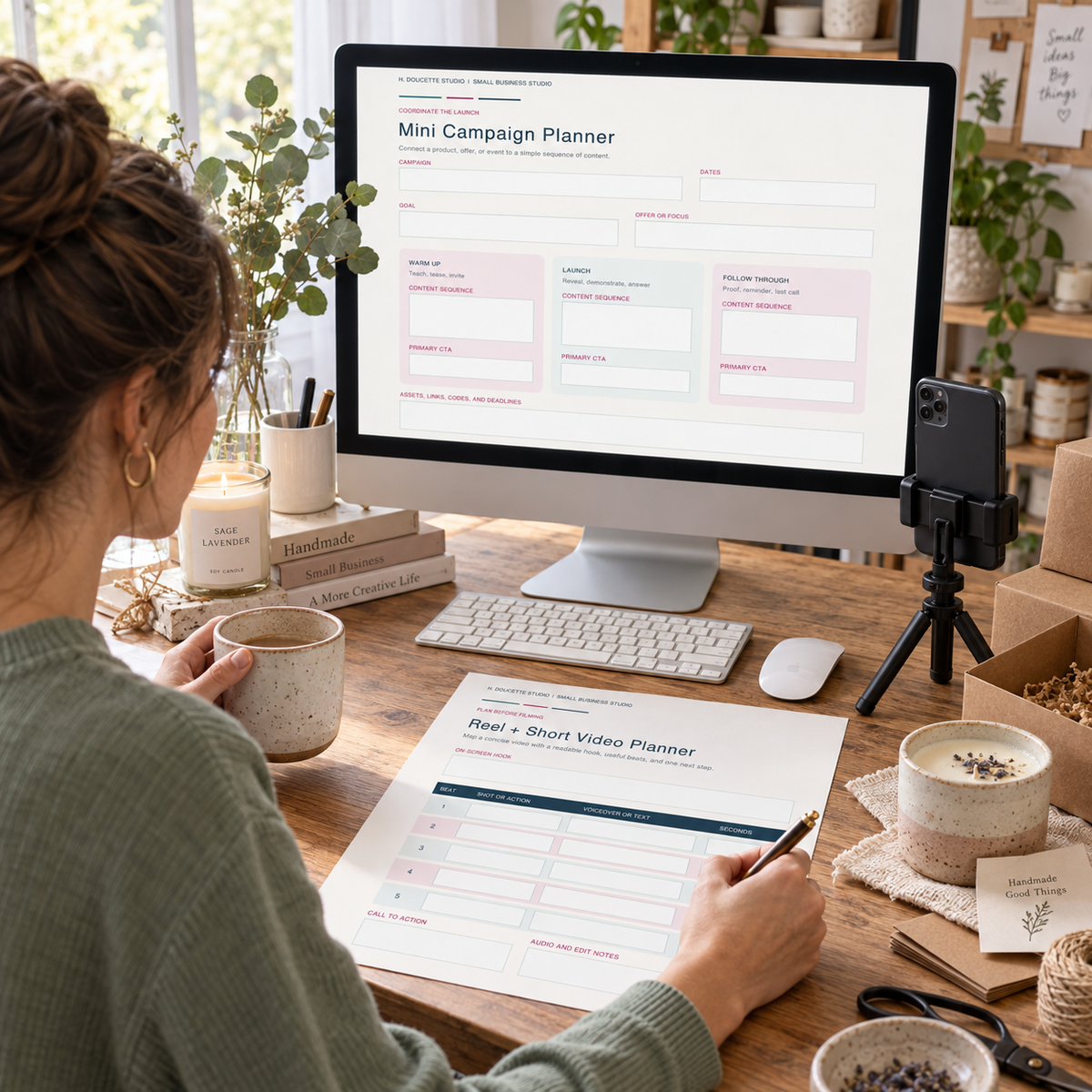 Maker using the mini campaign and short-form video planners to prepare a product launch