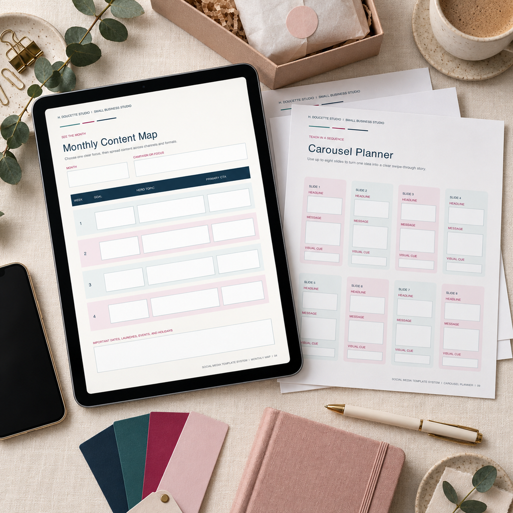 Complete Social Media Template System with monthly map and carousel planner on a creative workspace