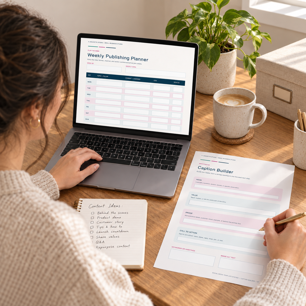 Small product business owner using the Social Media Planning System at a clean studio desk with a laptop and content ideas notebook.