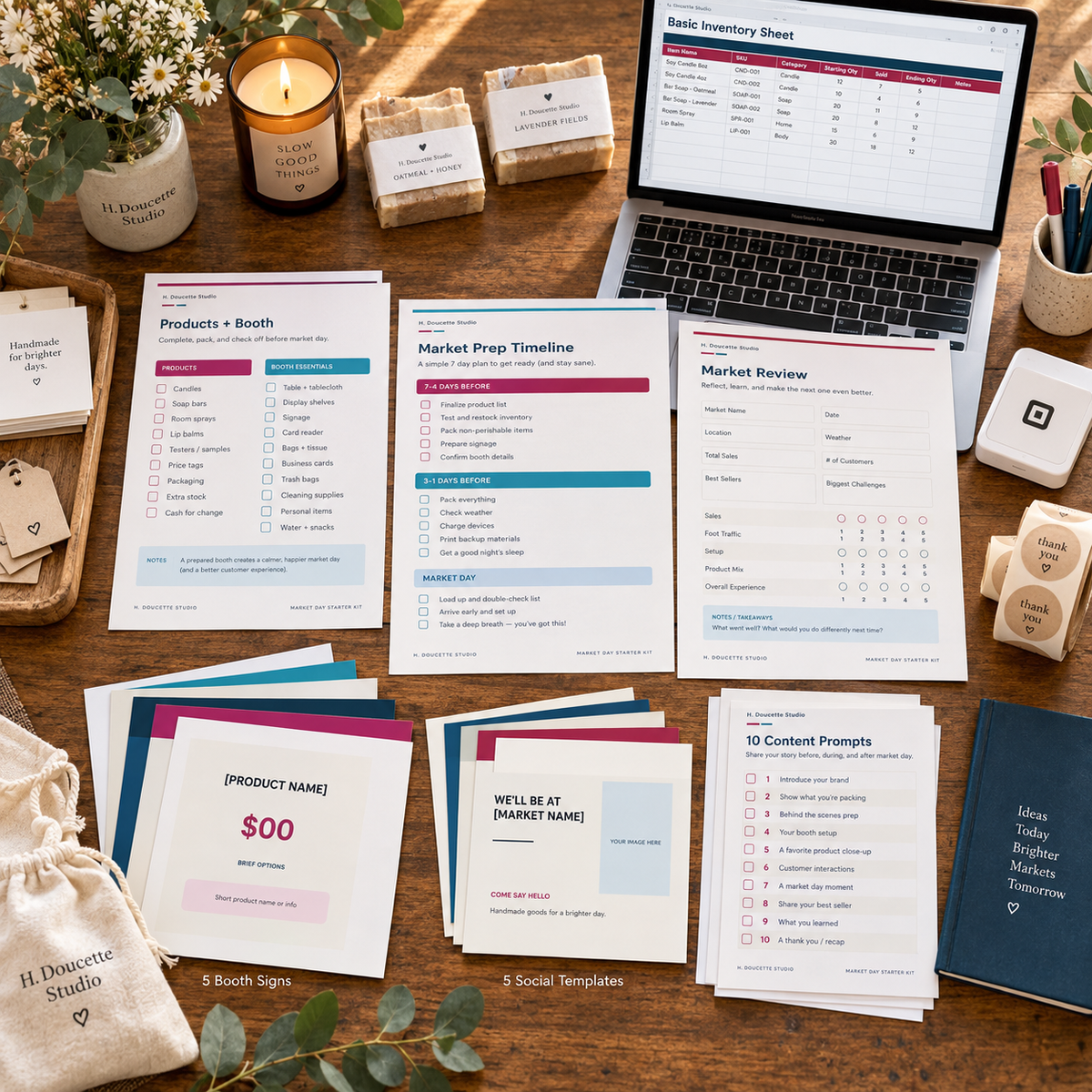 Complete Market Day Starter Kit with packing checklist, timeline, review pages, social templates, booth signs, and Excel inventory sheet