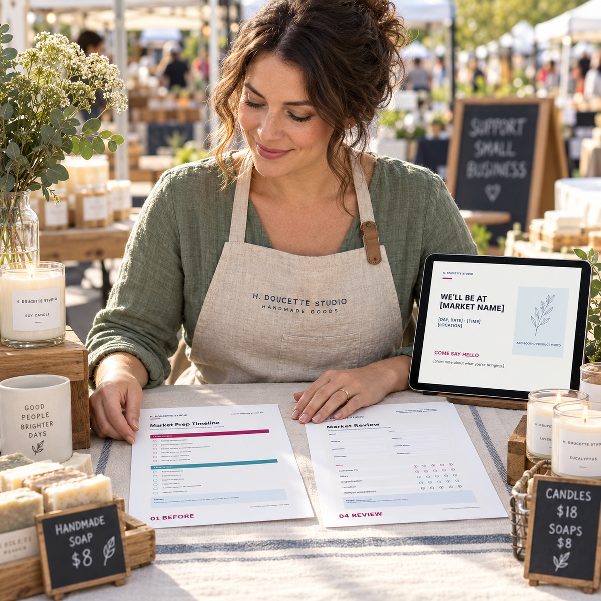Farmers market vendor using the Market Prep Timeline, Market Review, and social template at a finished booth