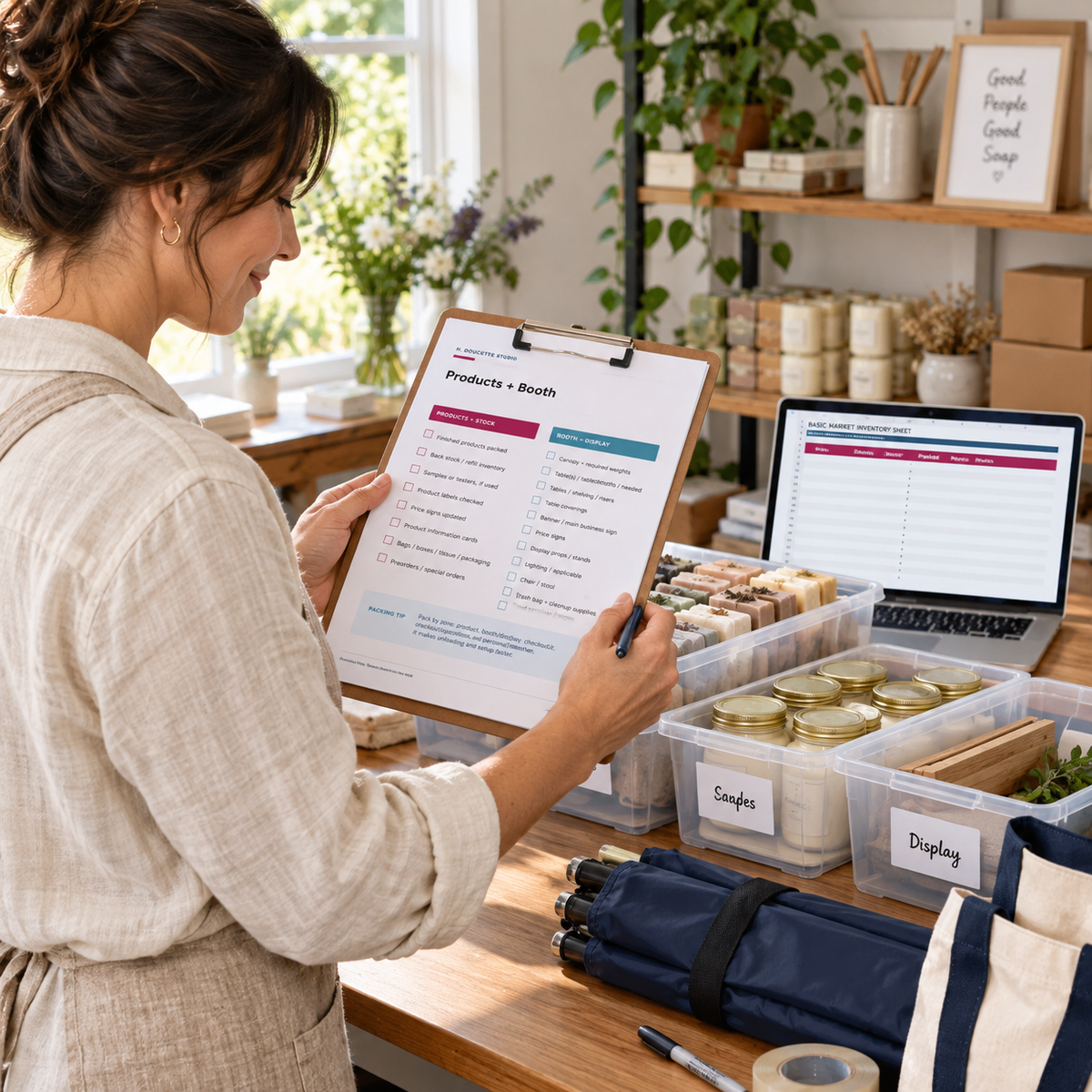 Handmade vendor using the Market Day Starter Kit packing checklist beside product bins and the Excel inventory sheet