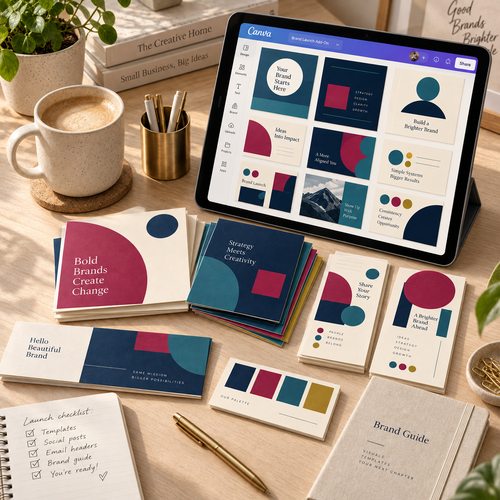 Additional Canva template library displayed on a tablet with coordinated social graphics, brand guide, postcards, and launch checklist