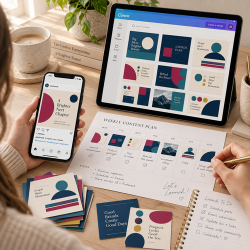 Canva social template content planning session with editable template grid, phone preview, weekly content plan, and launch checklist