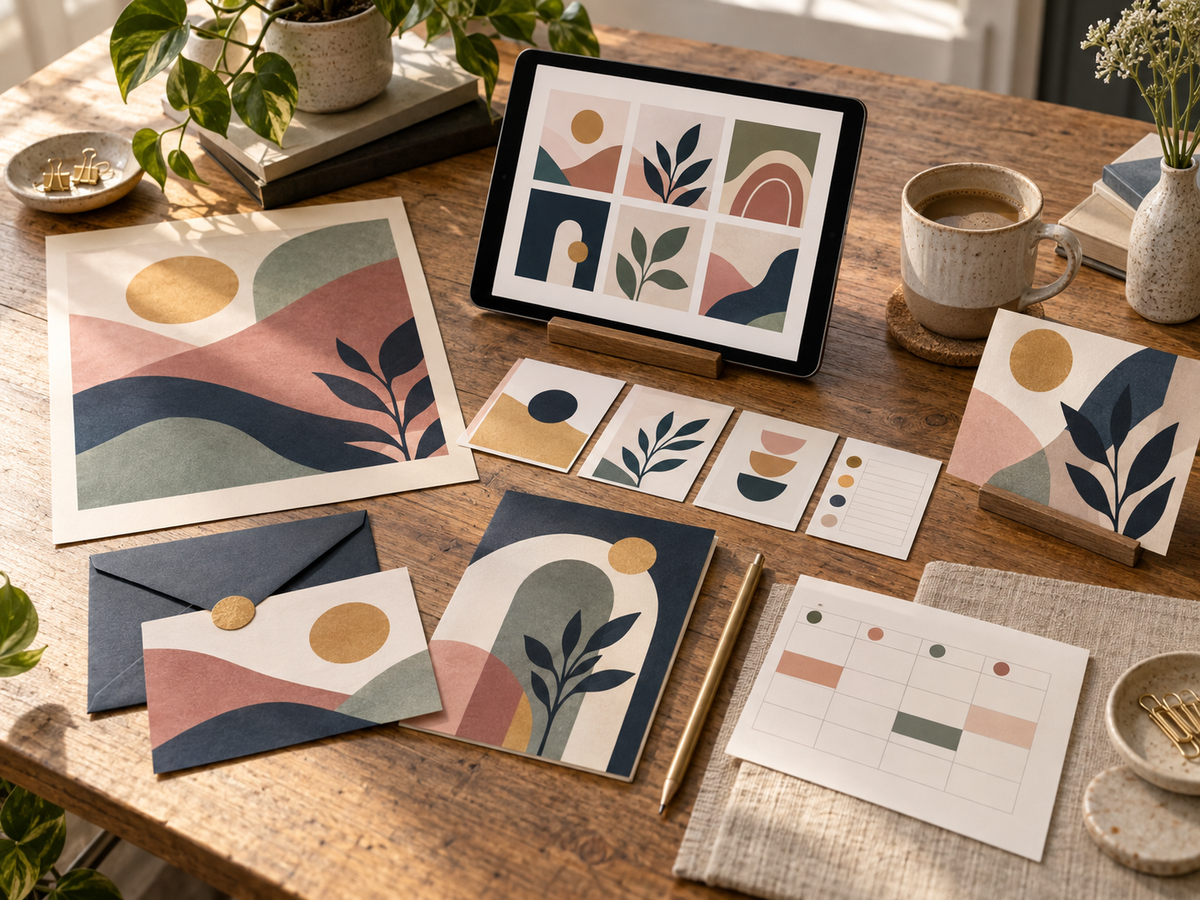 Flatlay of Boho Lettering and Printable Wall Art applied to greeting cards and an envelope