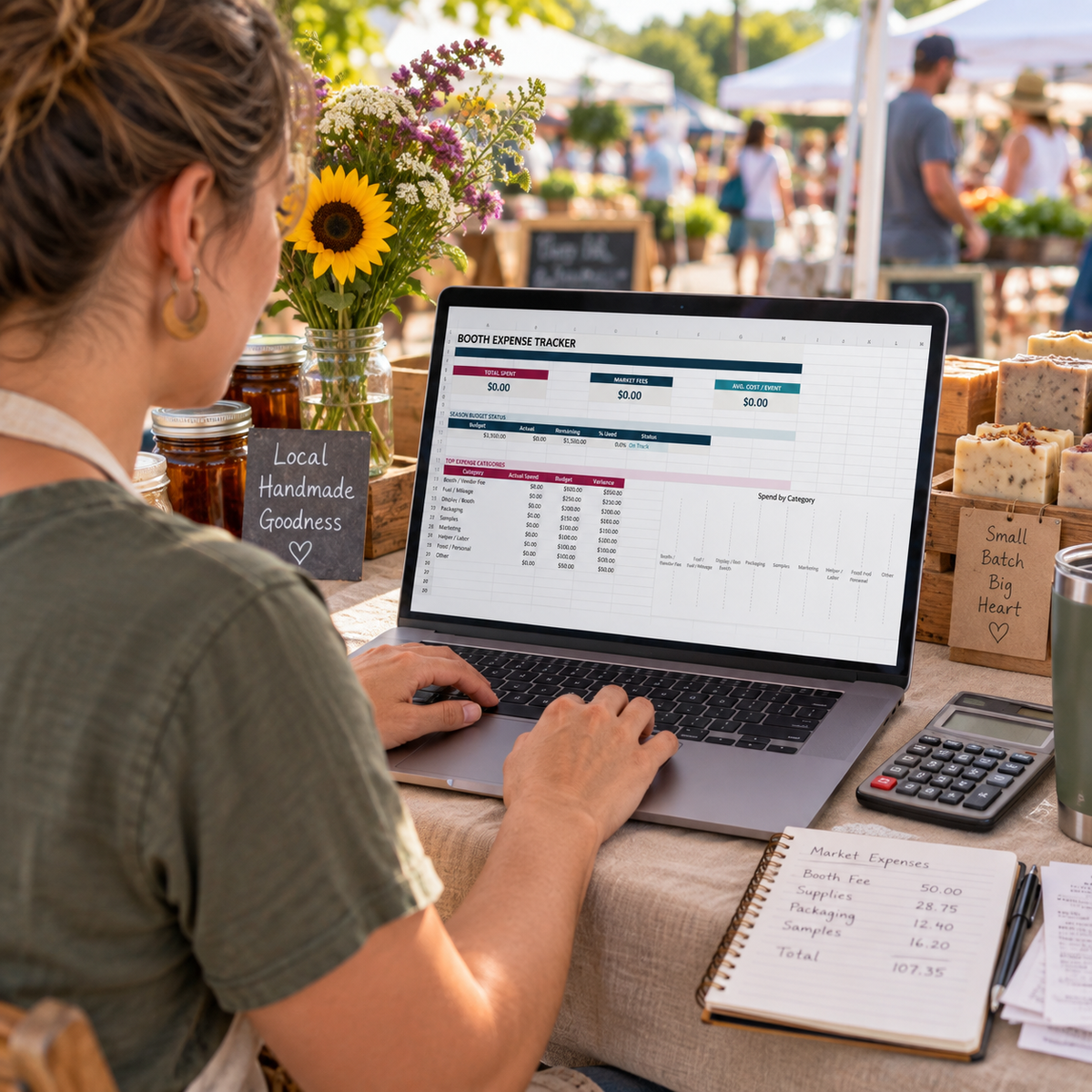 Farmers market vendor using the Booth Expense Tracker dashboard on a laptop at her booth