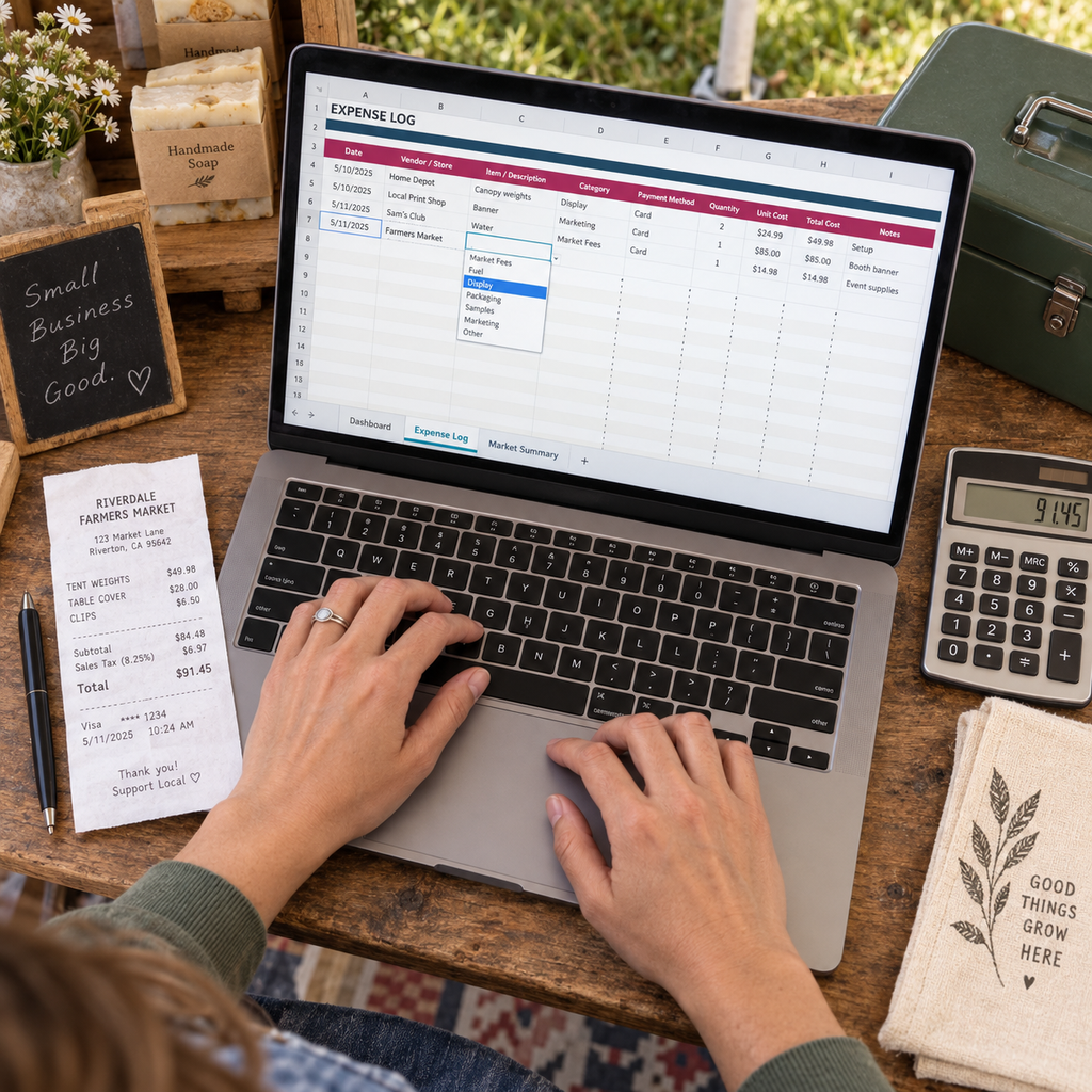Market vendor entering a receipt into the Booth Expense Tracker expense log