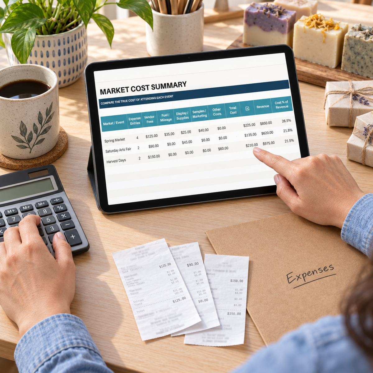 Soap maker reviewing event costs in the Booth Expense Tracker with a calculator and receipts