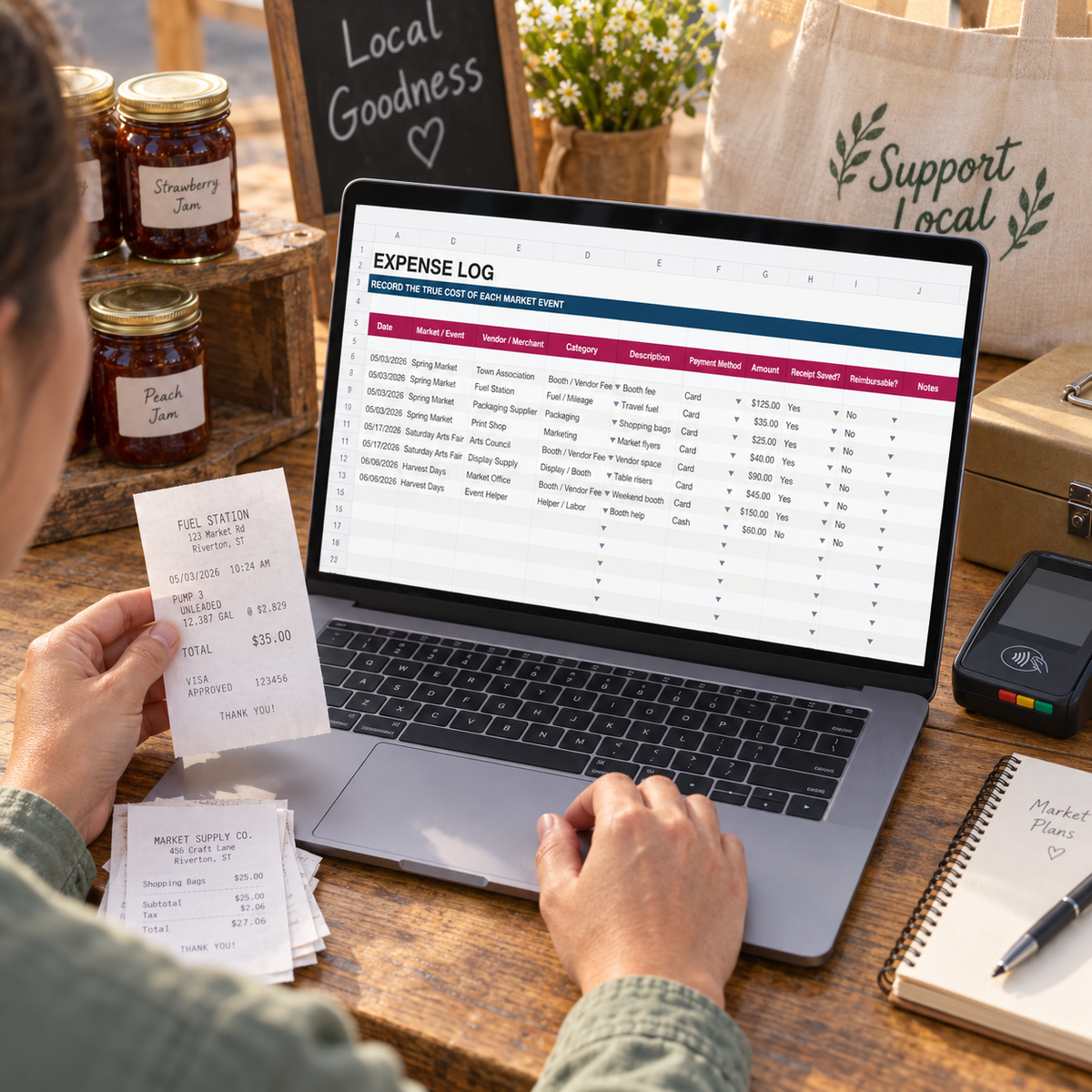 Farmers market vendor entering a fuel receipt into the Booth Expense Tracker at a jam booth