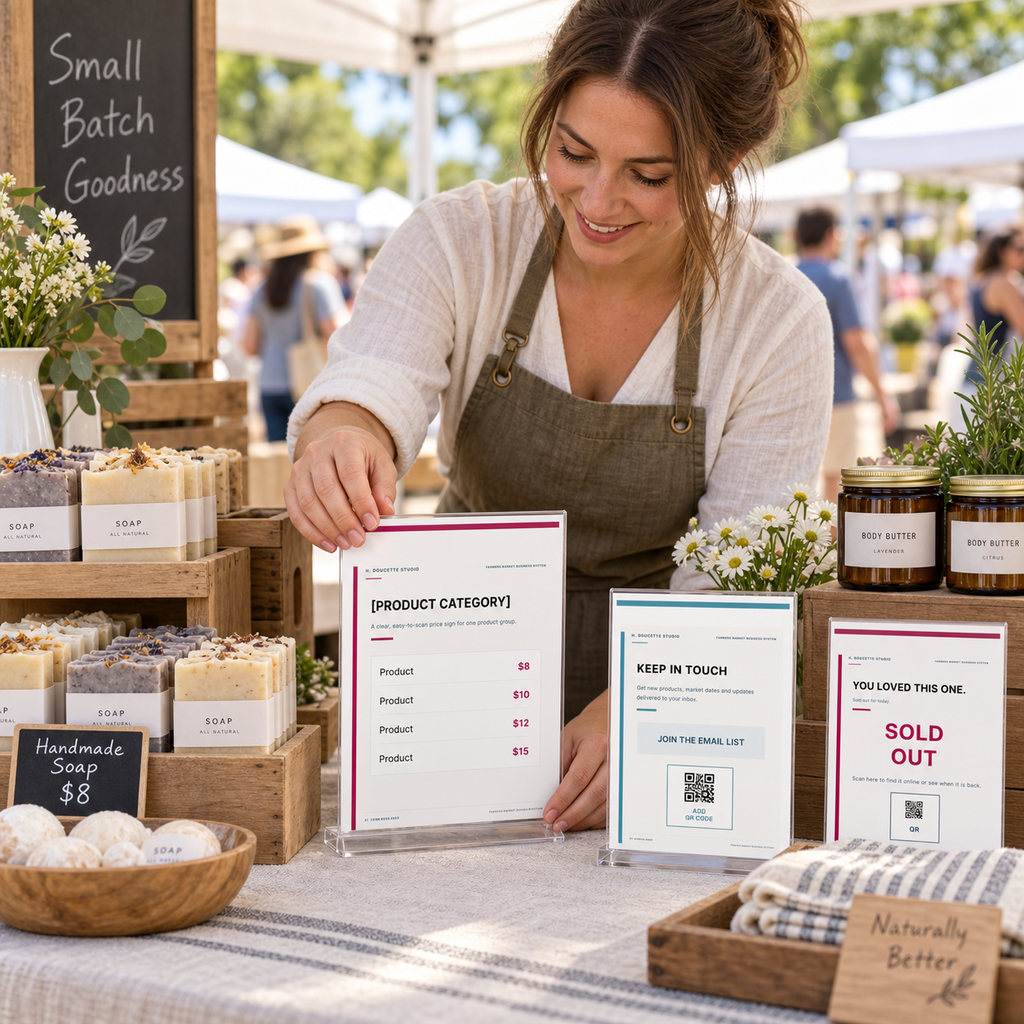 Farmers market vendor arranging printed Booth Signage Canva Kit signs at a handmade soap booth