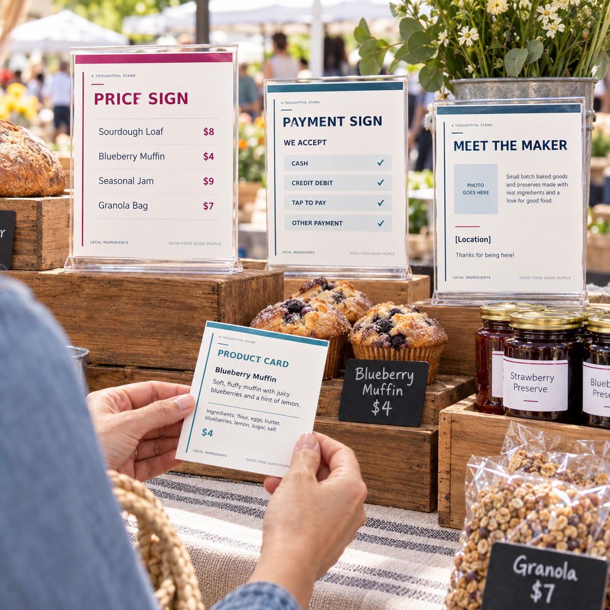 Shopper using coordinated price, payment, product and maker signs at a market booth