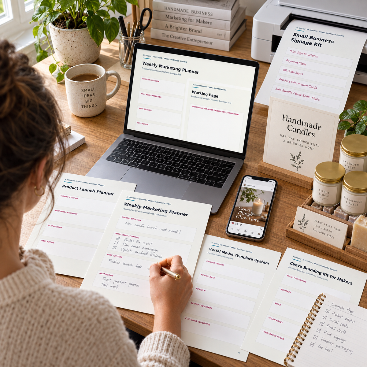 Maker using the Brand and Marketing Bundle to plan a handmade product launch