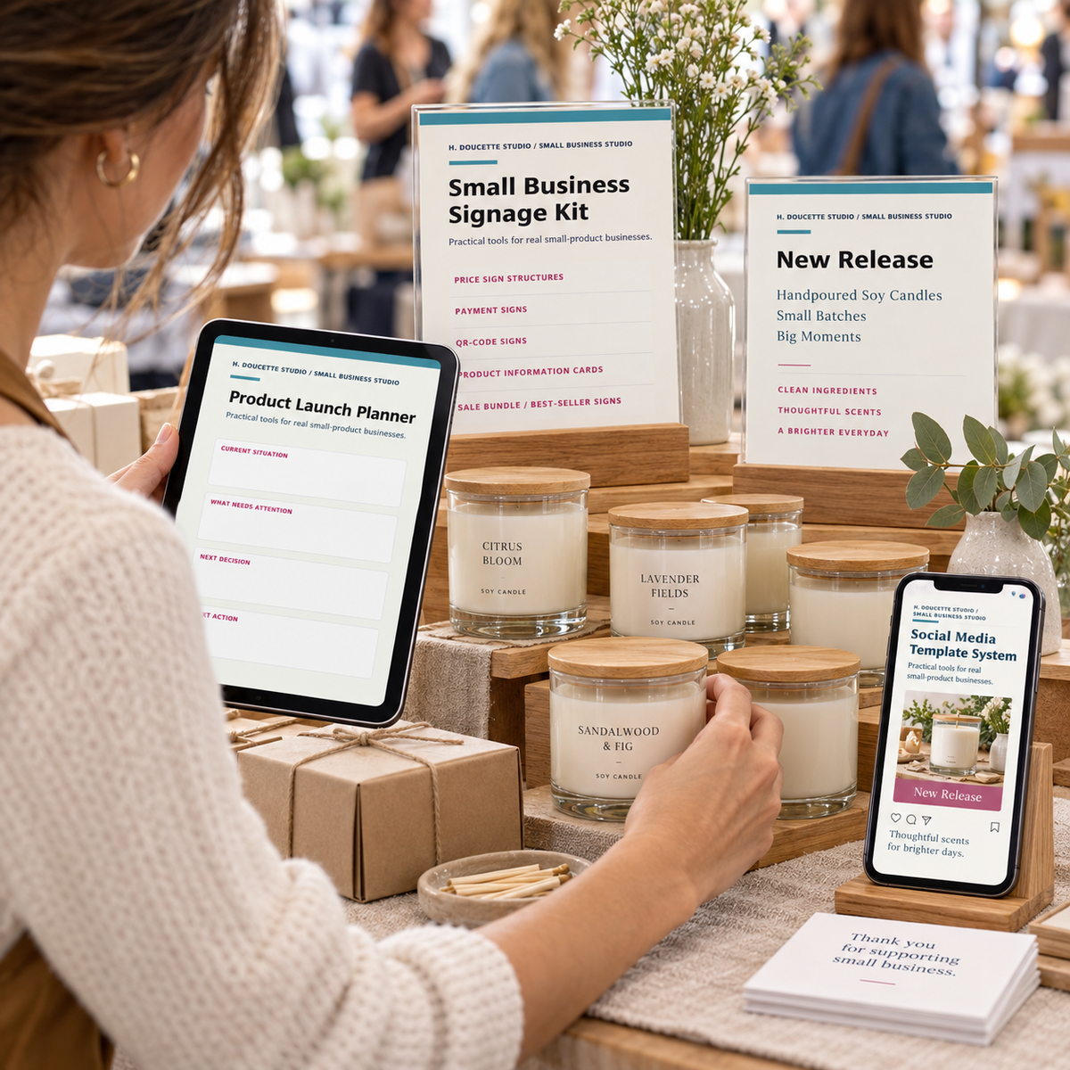 Maker using the product launch planner, signage and social templates at a market launch