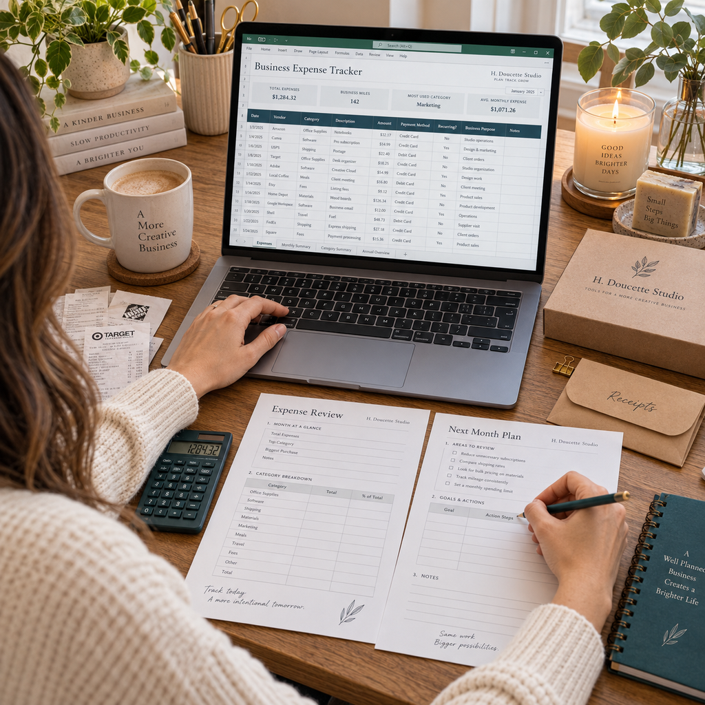 Maker using the Business Expense Tracker workbook and printable expense review worksheets