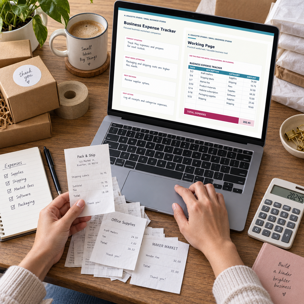 Maker sorting receipts and recording expenses in the Business Expense Tracker