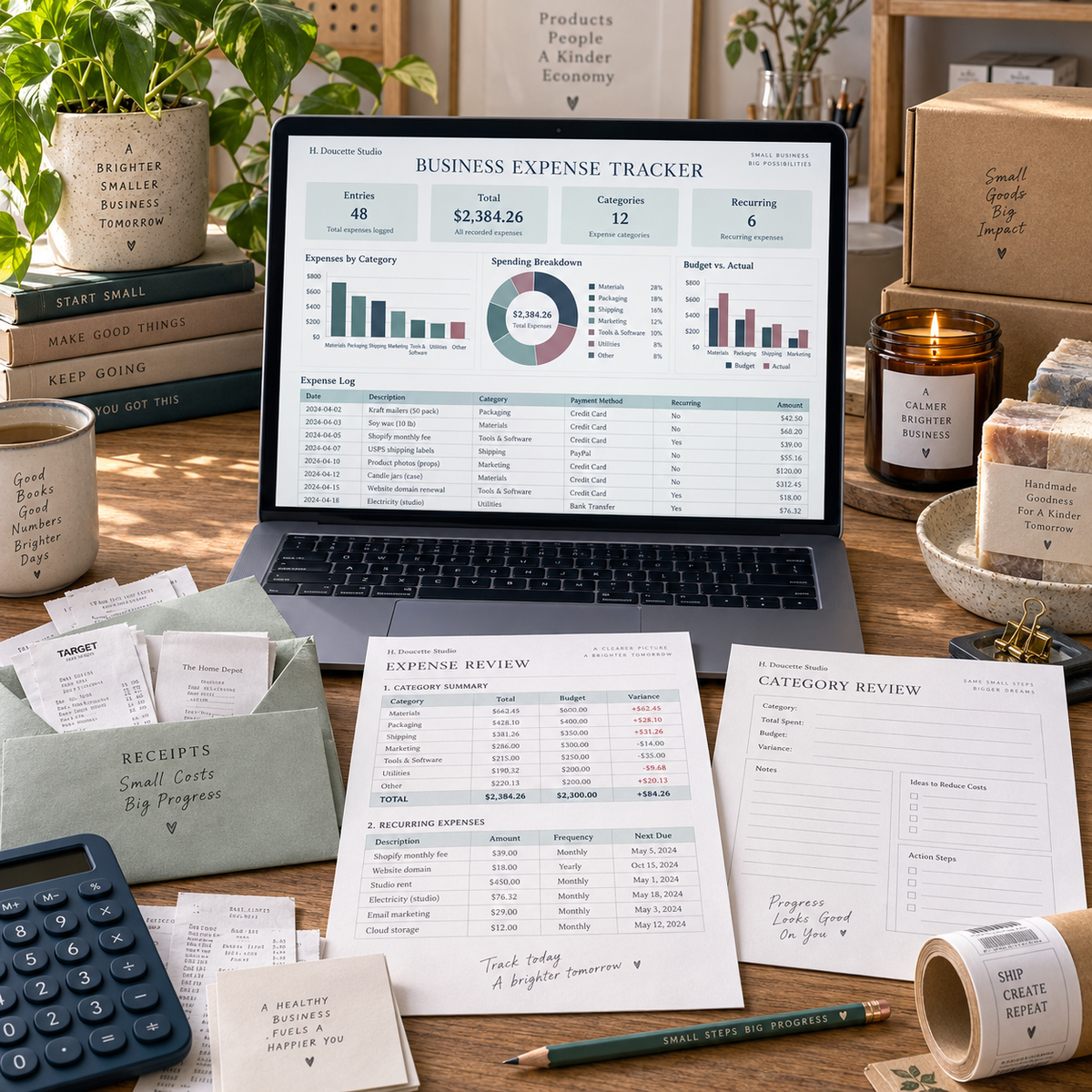 Business Expense Tracker dashboard and printable category review worksheets on a handmade business worktable