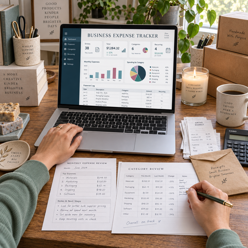 Maker reviewing Business Expense Tracker totals and category variance worksheet