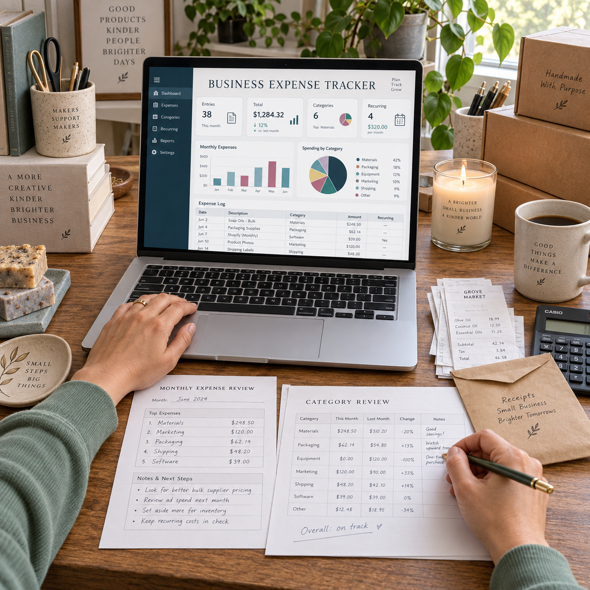 Maker reviewing Business Expense Tracker totals and category variance worksheet