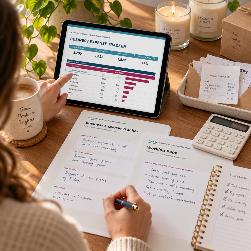 Candle maker reviewing monthly costs and profit in the Business Expense Tracker