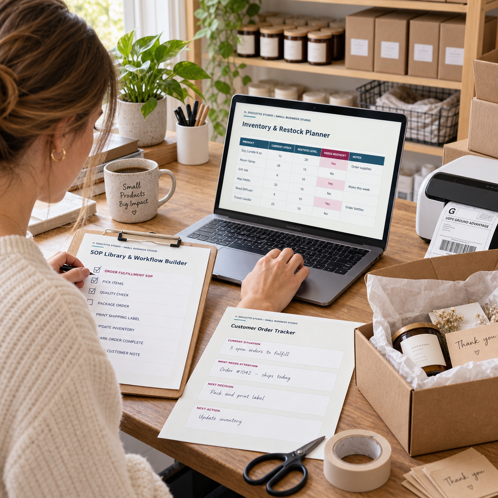 Small-business owner using the order, inventory and SOP tools while packing an order