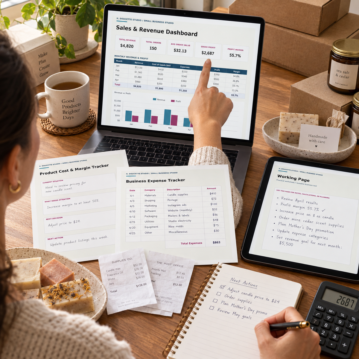 Maker reviewing revenue, profit, product costs and business expenses with the operations bundle