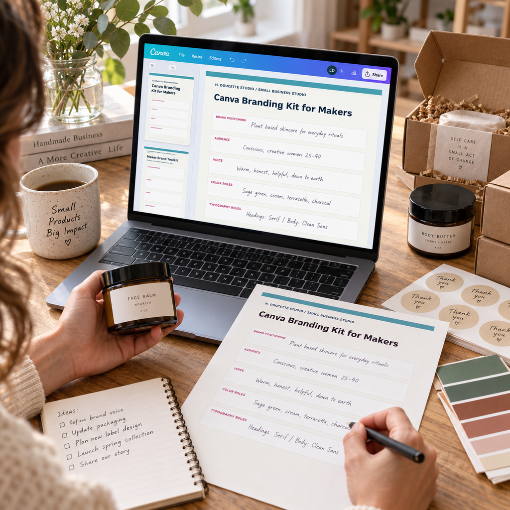 Maker using the Canva Branding Kit to define positioning, audience, voice, colors and typography