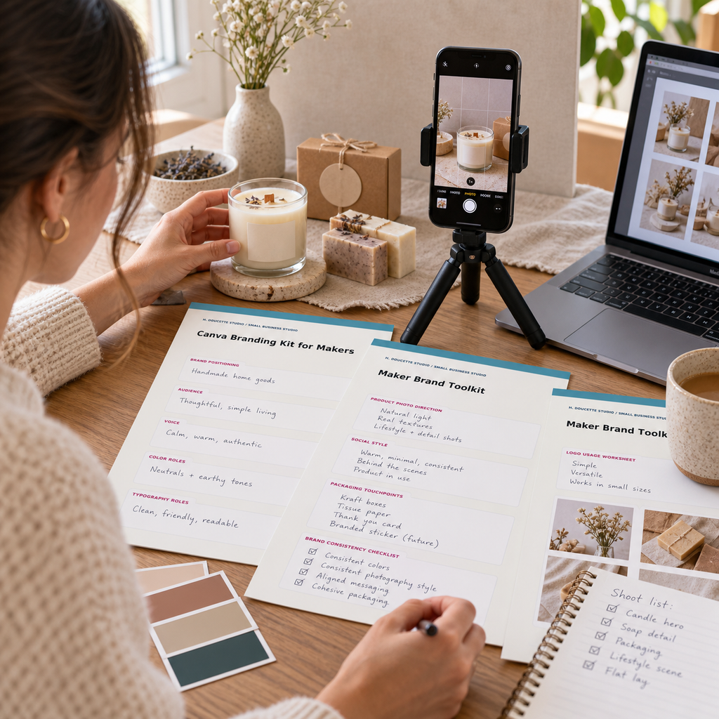 Small-business owner using the branding toolkit while styling and photographing handmade products