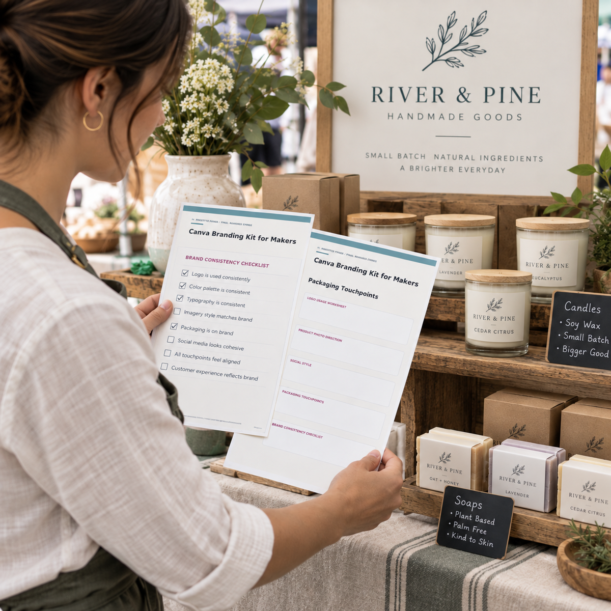Maker checking packaging and brand consistency at a coordinated artisan market booth