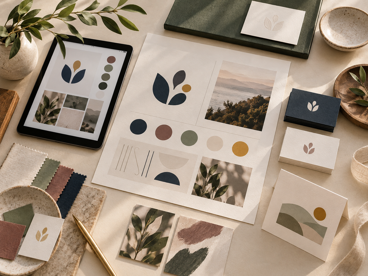 Flatlay of the Complete Botanical Design Bundle brand system: logo mark, color palette, and matching stationery suite