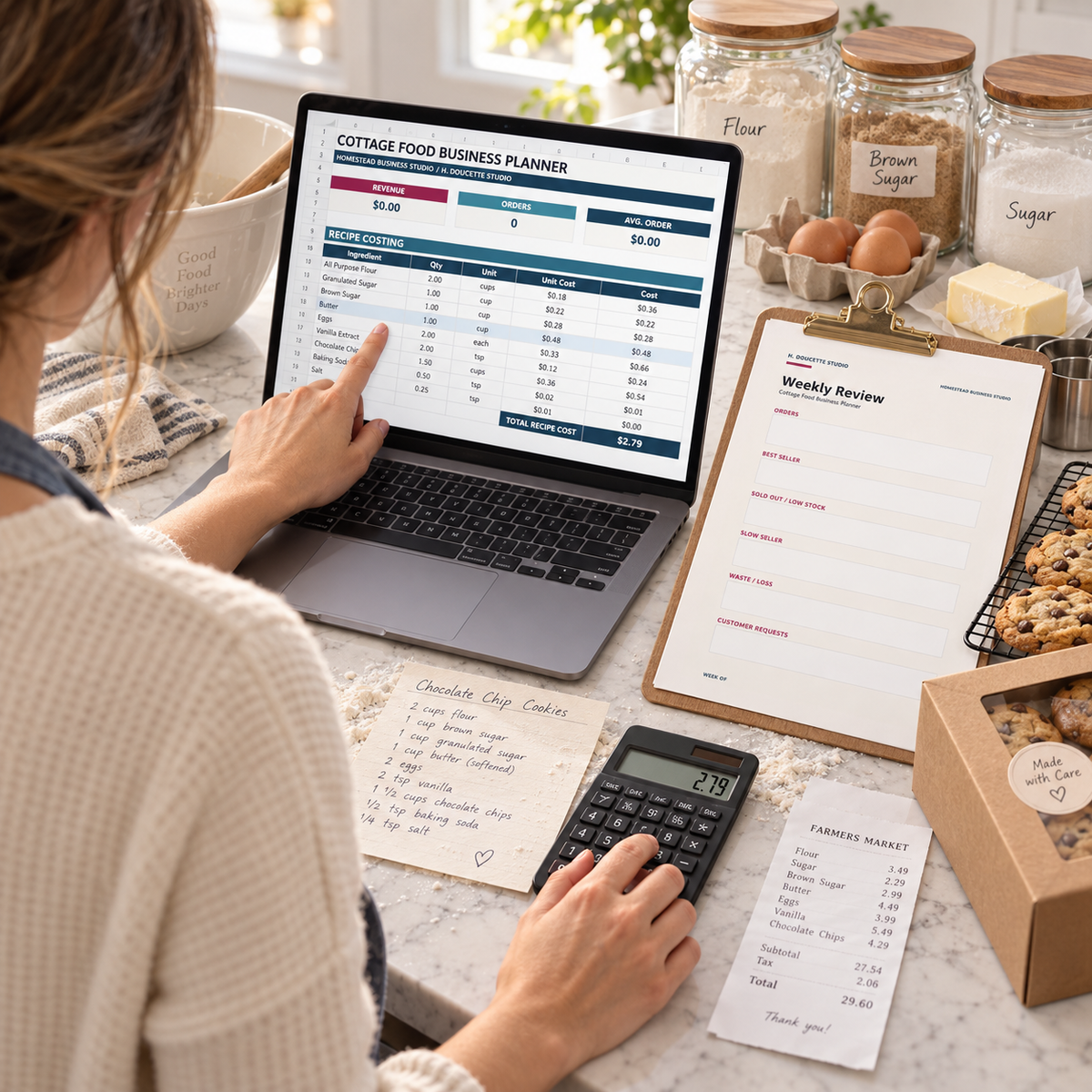 Cottage baker calculating recipe costs with the planner spreadsheet and weekly review page