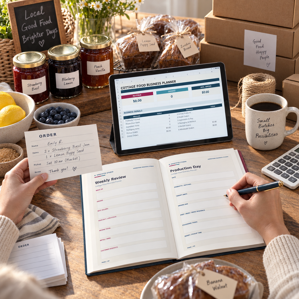 Cottage food business owner preparing market orders with the planner and dashboard