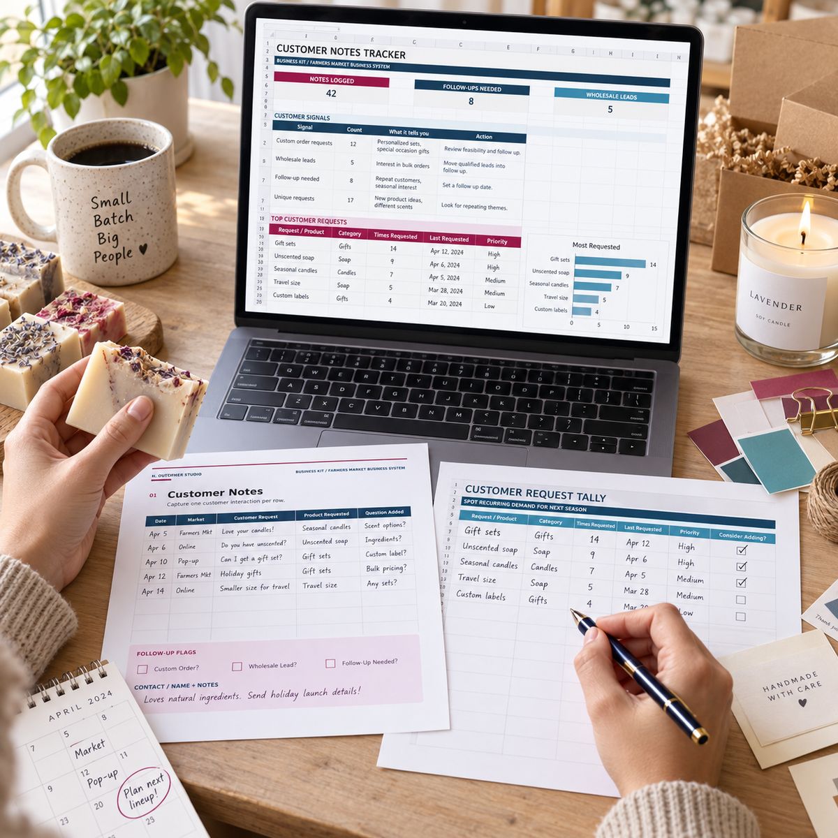 Maker reviewing customer demand and planning products with the Customer Notes Tracker