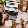 Maker using the Customer Order Tracker dashboard and printable weekly order review worksheet at a packing table