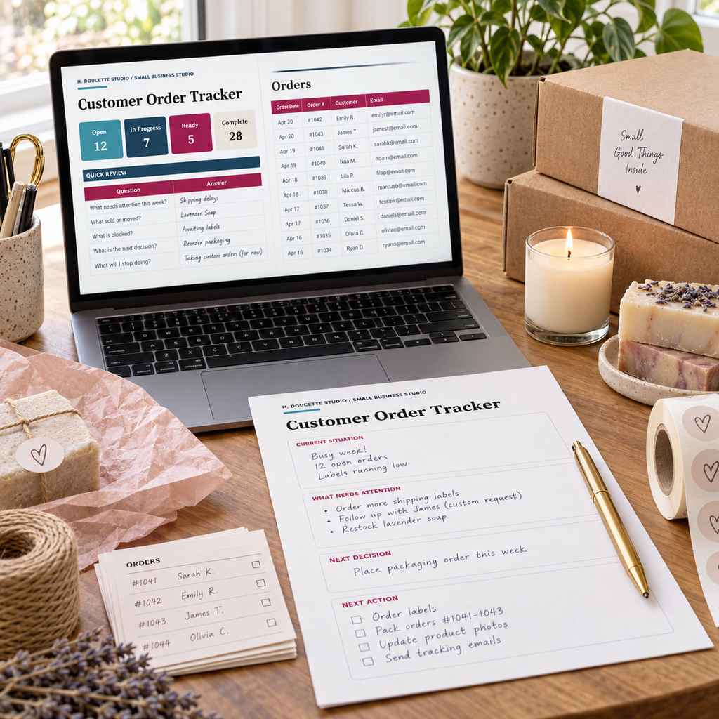 Customer Order Tracker dashboard, order log, and printable worksheet on a handmade business packing table