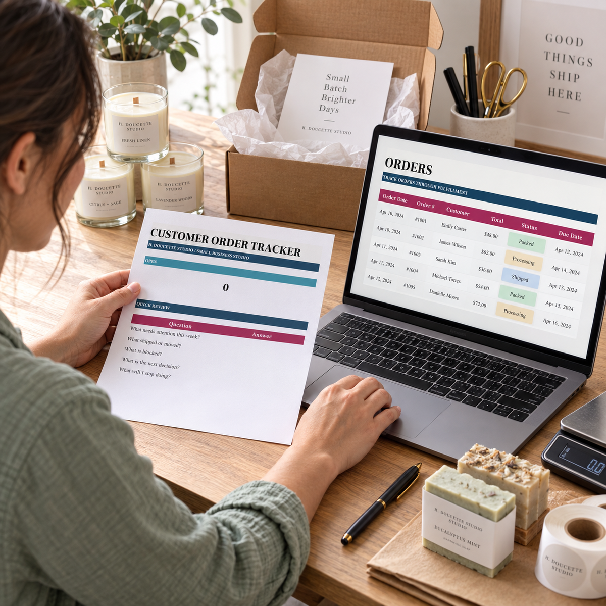 Maker reviewing customer orders and fulfillment status with the Customer Order Tracker at a product packing station