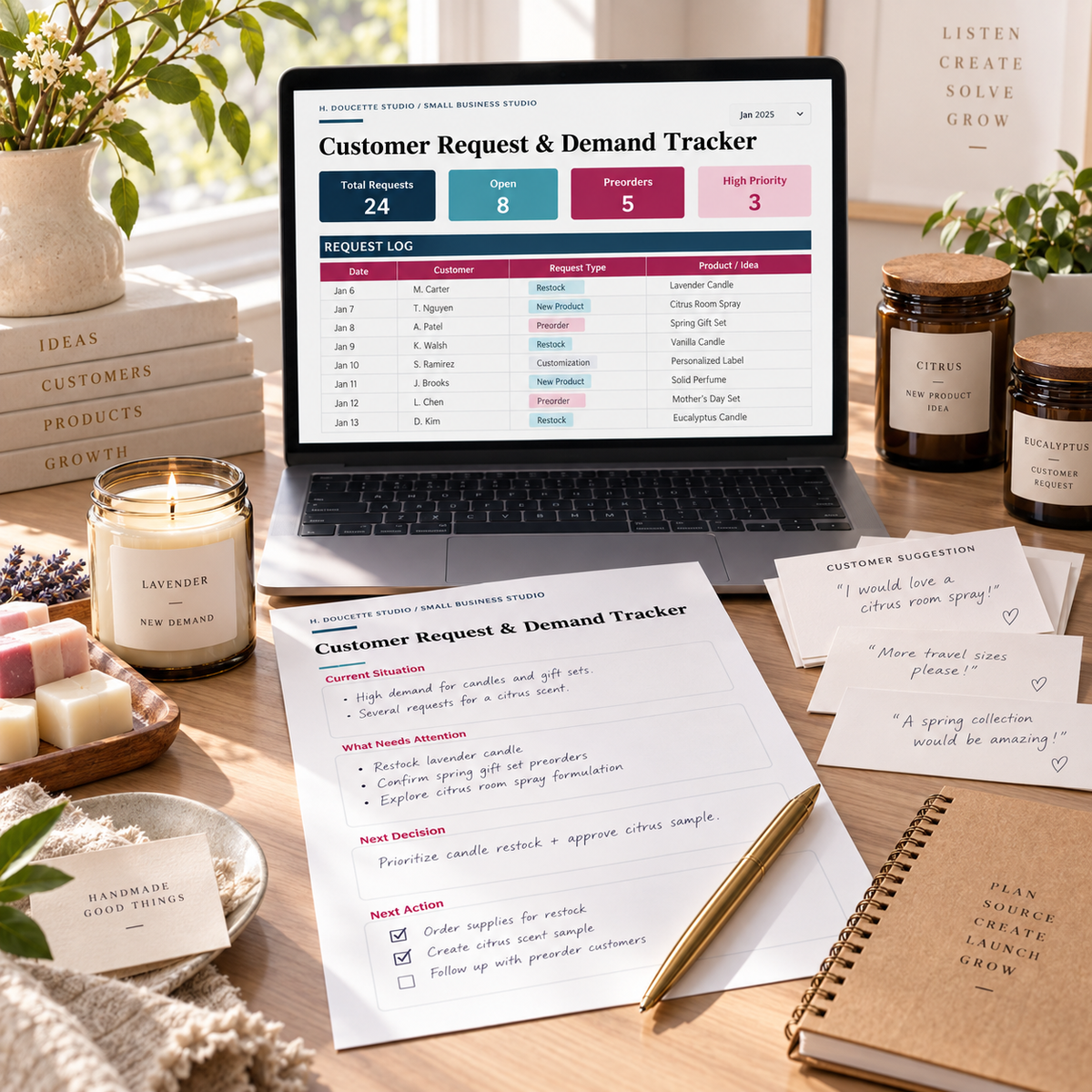 Customer Request and Demand Tracker dashboard, request log, and printable demand review worksheet on a product studio desk