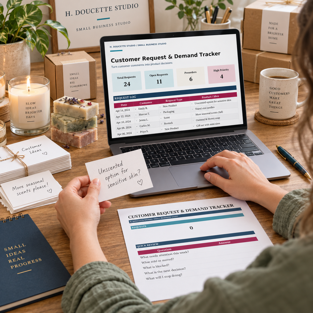 Maker reviewing customer suggestion cards and demand signals with the Customer Request and Demand Tracker