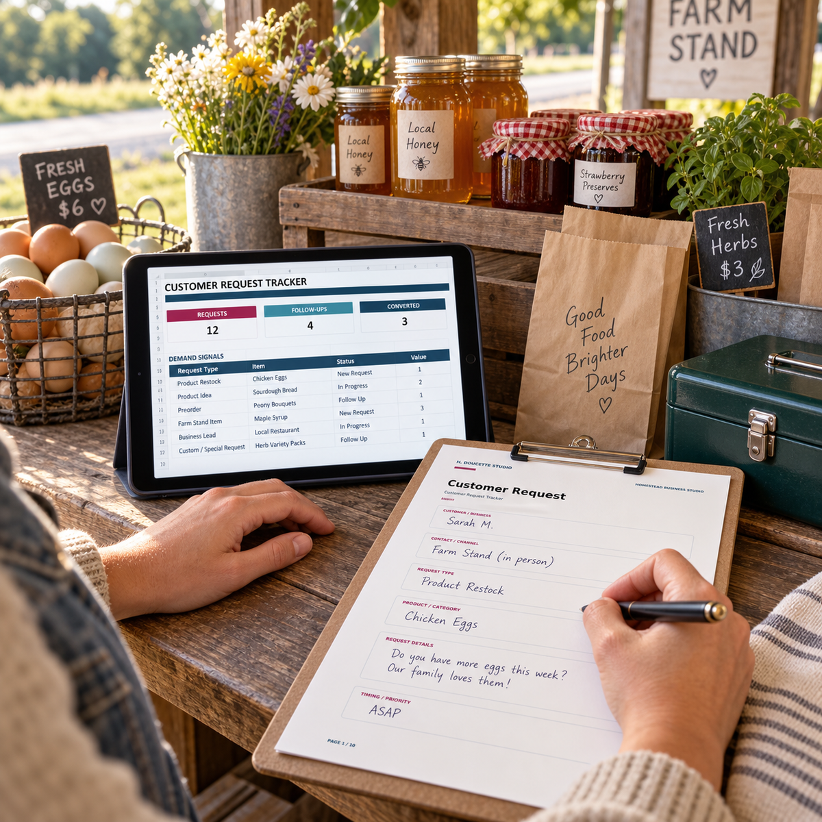 Farmstand owner recording a restock request with the Customer Request Tracker
