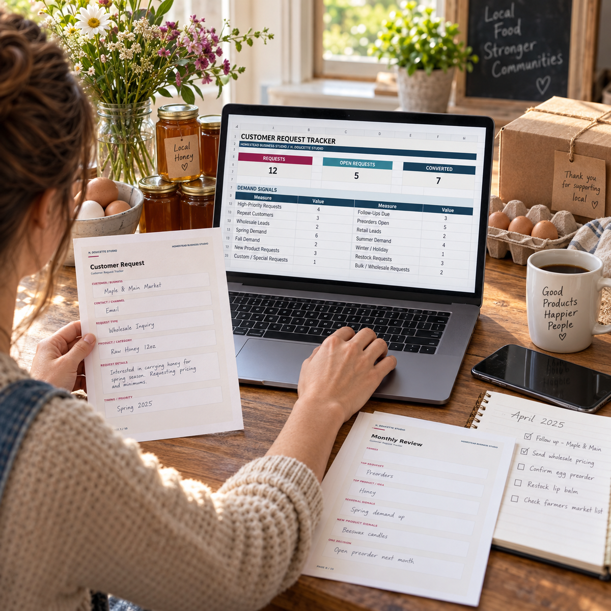Homestead seller following up on preorders and wholesale leads with the request tracker