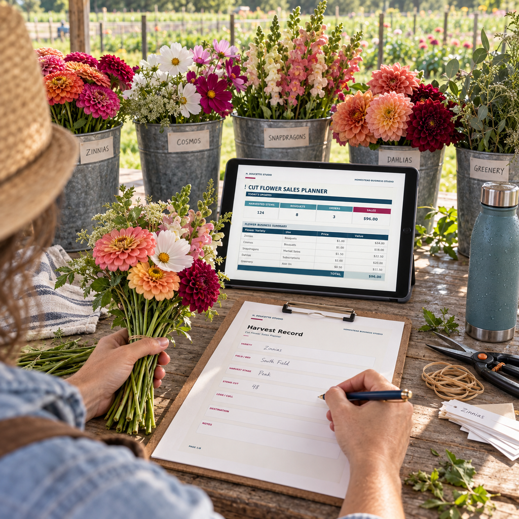 Flower farmer recording the morning harvest with the Cut Flower Sales Planner