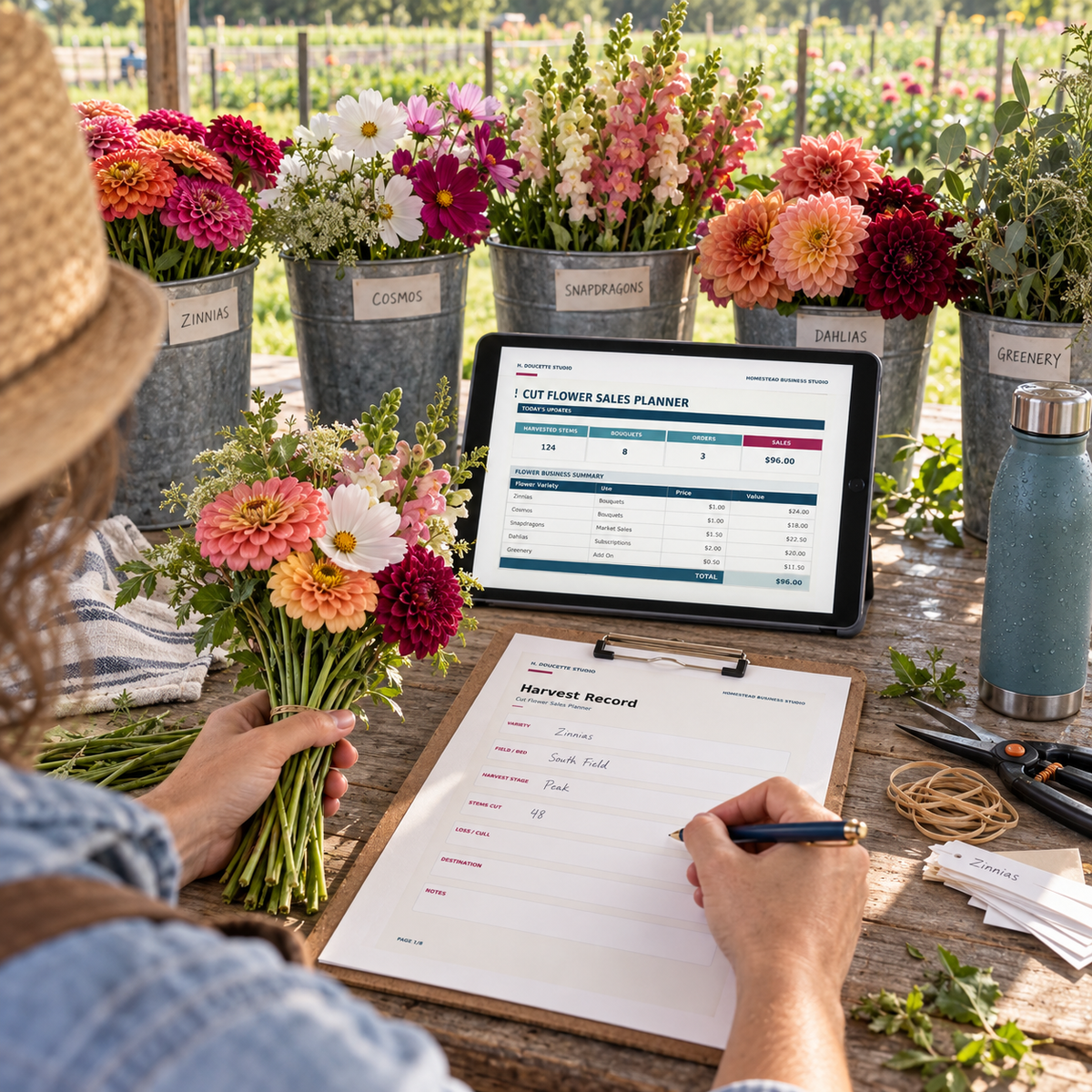 Flower farmer recording the morning harvest with the Cut Flower Sales Planner