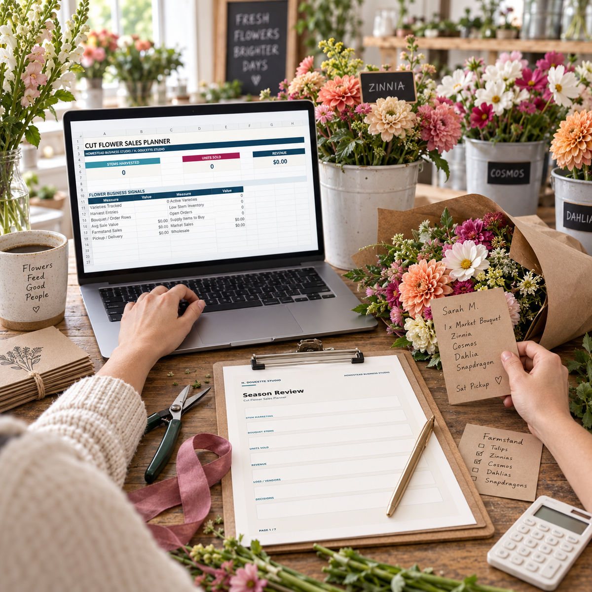 Flower farmer planning bouquet orders with the Cut Flower Sales Planner dashboard