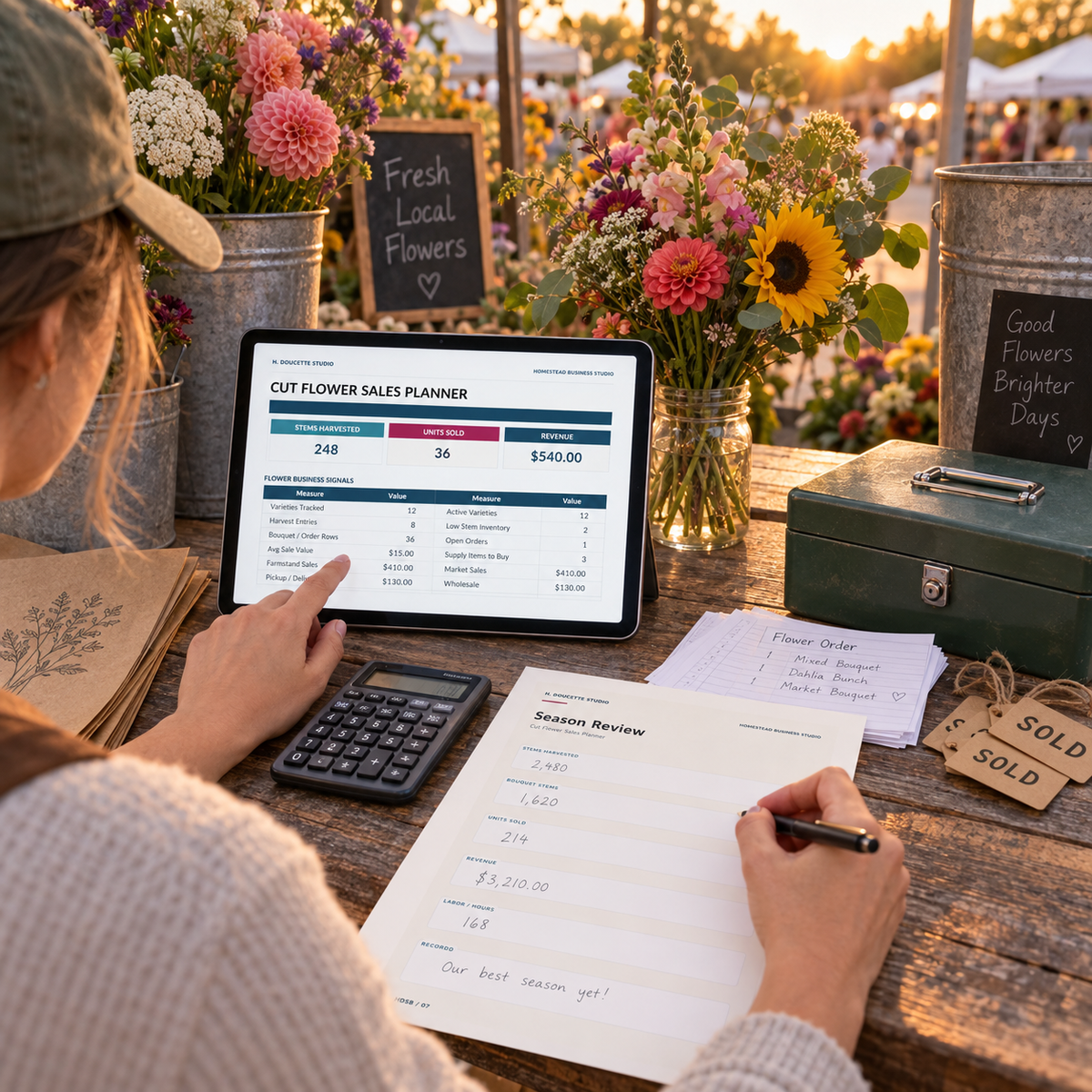 Flower farmer reviewing market sales with the Cut Flower Sales Planner
